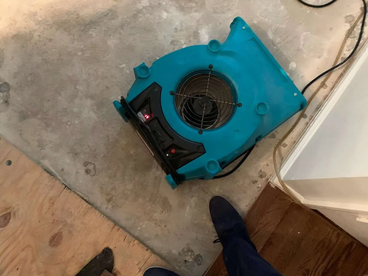 Air mover drying subfloor during Commercial Water Damage Restoration in Covington